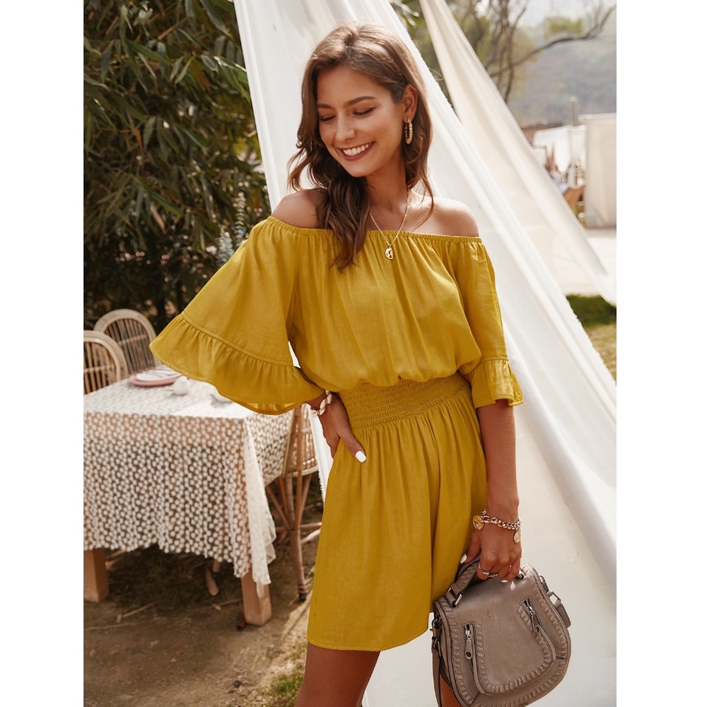 Mustard Yellow Off Shoulder Ruffle Detail Romper - Picture 2 of 9